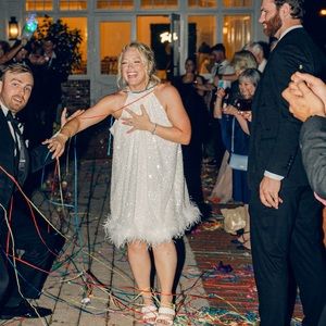 White beaded dress with feathers - one size - not tailored